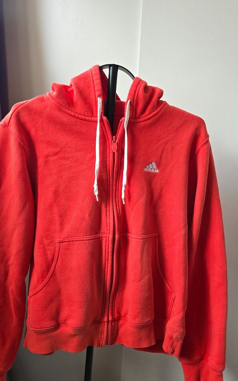 Adidas Womens Red Full Zip Hoodie White Drawstring Logo Sweatshirt Jacket